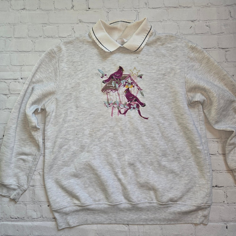 Vintage 90s Cardinal Embroidered collared Sweatshirt Small cottagecore grandma